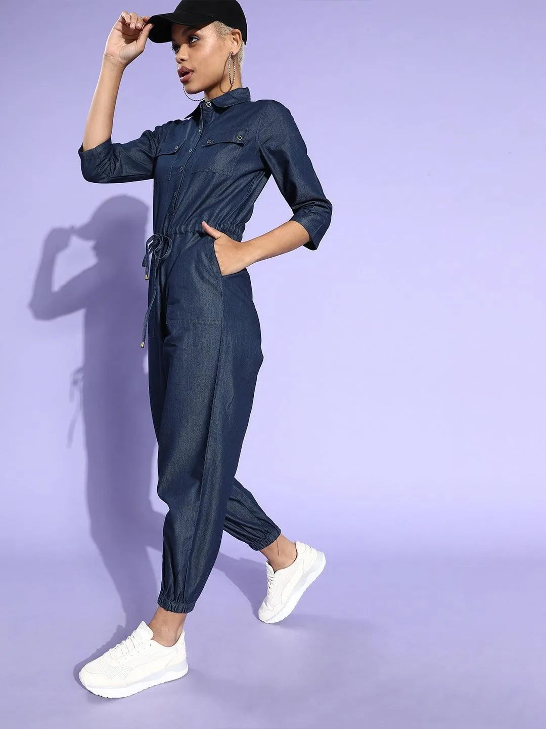 Style Quotient Women Blue Denim Cotton Basic Jumpsuit