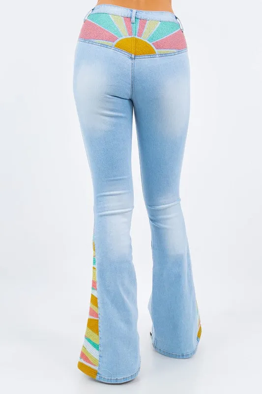 SUNRISE EMBROIDERY BOOTCUT BELLBOTTOM JEANS-W2345PIB