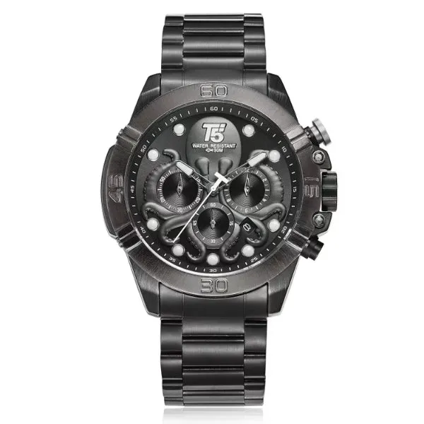 T5 Black Stainless Steel Blue Dial Chronograph Quartz Watch for Gents - H3663G-C