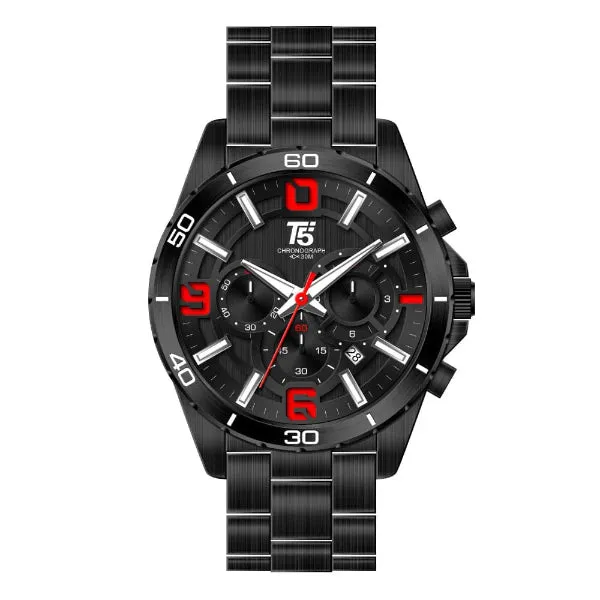 T5 Black Stainless Steel Grey Dial Chronograph Quartz Watch for Gents - H3521G-E