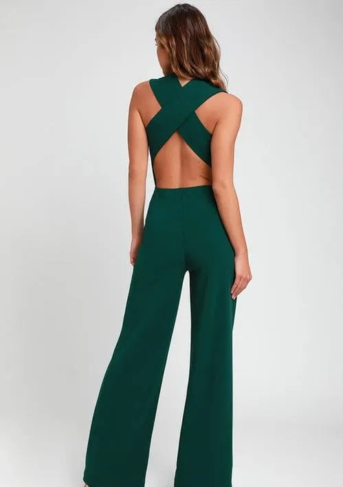 Thinking Out Loud Hunter Green Backless Jumpsuit