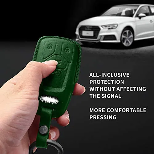 Tukellen for Audi Key Fob Cover Genuine Leather with Keychain,Leather Key Case Protector Compatible Audi A4 Q7 Q5 TT A3 A6 SQ5 R8 S5 Smart Key-Green