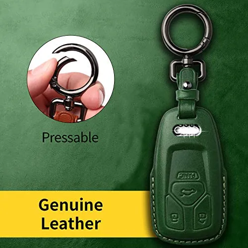 Tukellen for Audi Key Fob Cover Genuine Leather with Keychain,Leather Key Case Protector Compatible Audi A4 Q7 Q5 TT A3 A6 SQ5 R8 S5 Smart Key-Green