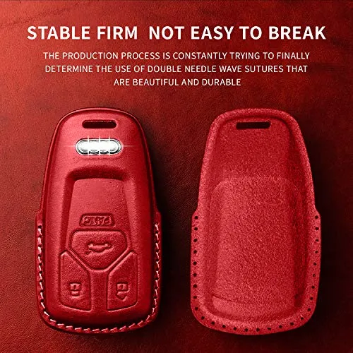 Tukellen for Audi Key Fob Cover Genuine Leather With Keychain,Leather Key Case Protector Compatible With Audi A4 Q7 Q5 TT A3 A6 SQ5 R8 S5 smart key-Wine Red