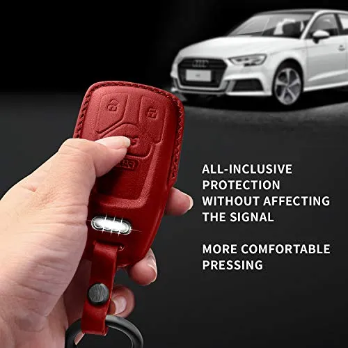 Tukellen for Audi Key Fob Cover Genuine Leather With Keychain,Leather Key Case Protector Compatible With Audi A4 Q7 Q5 TT A3 A6 SQ5 R8 S5 smart key-Wine Red