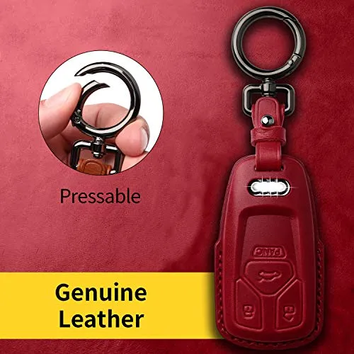 Tukellen for Audi Key Fob Cover Genuine Leather With Keychain,Leather Key Case Protector Compatible With Audi A4 Q7 Q5 TT A3 A6 SQ5 R8 S5 smart key-Wine Red