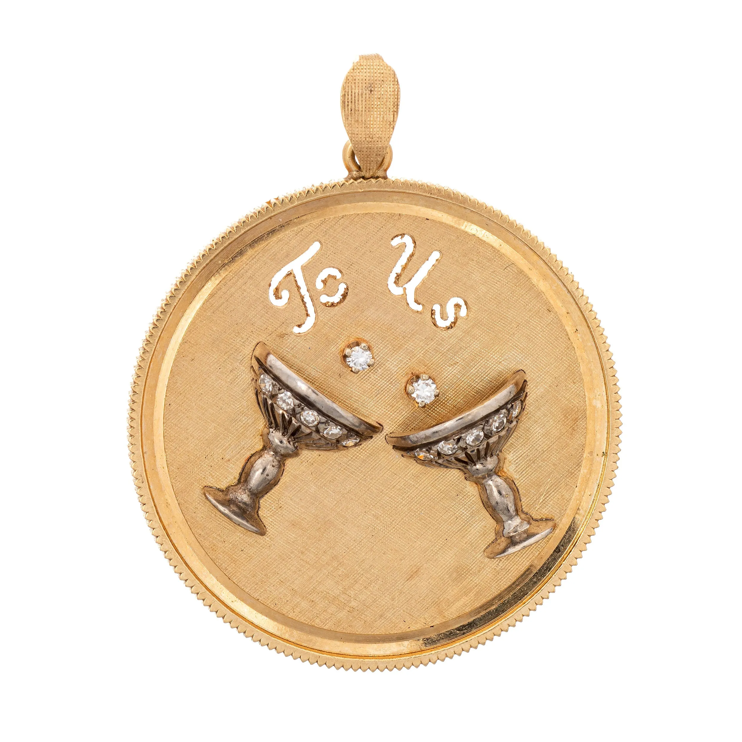 Vintage 70s To Us Charm 14k Yellow Gold Diamond Celebration Jewelry Medallion
