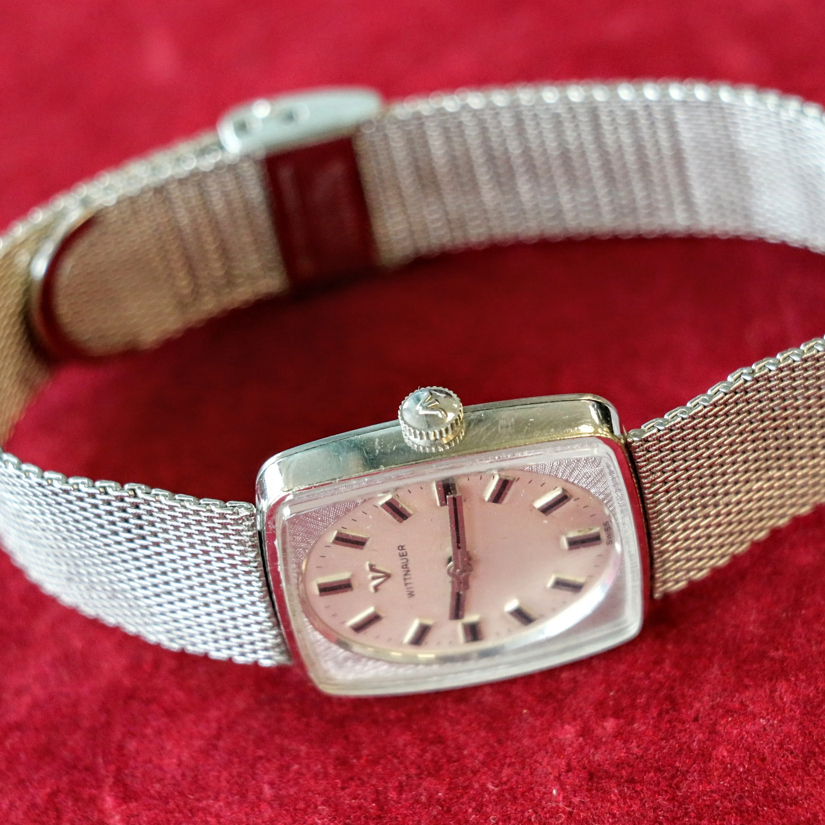 Vintage WITTNAUER Watch Cushion Case & Original Mesh Bracelet Swiss Made Wristwatch