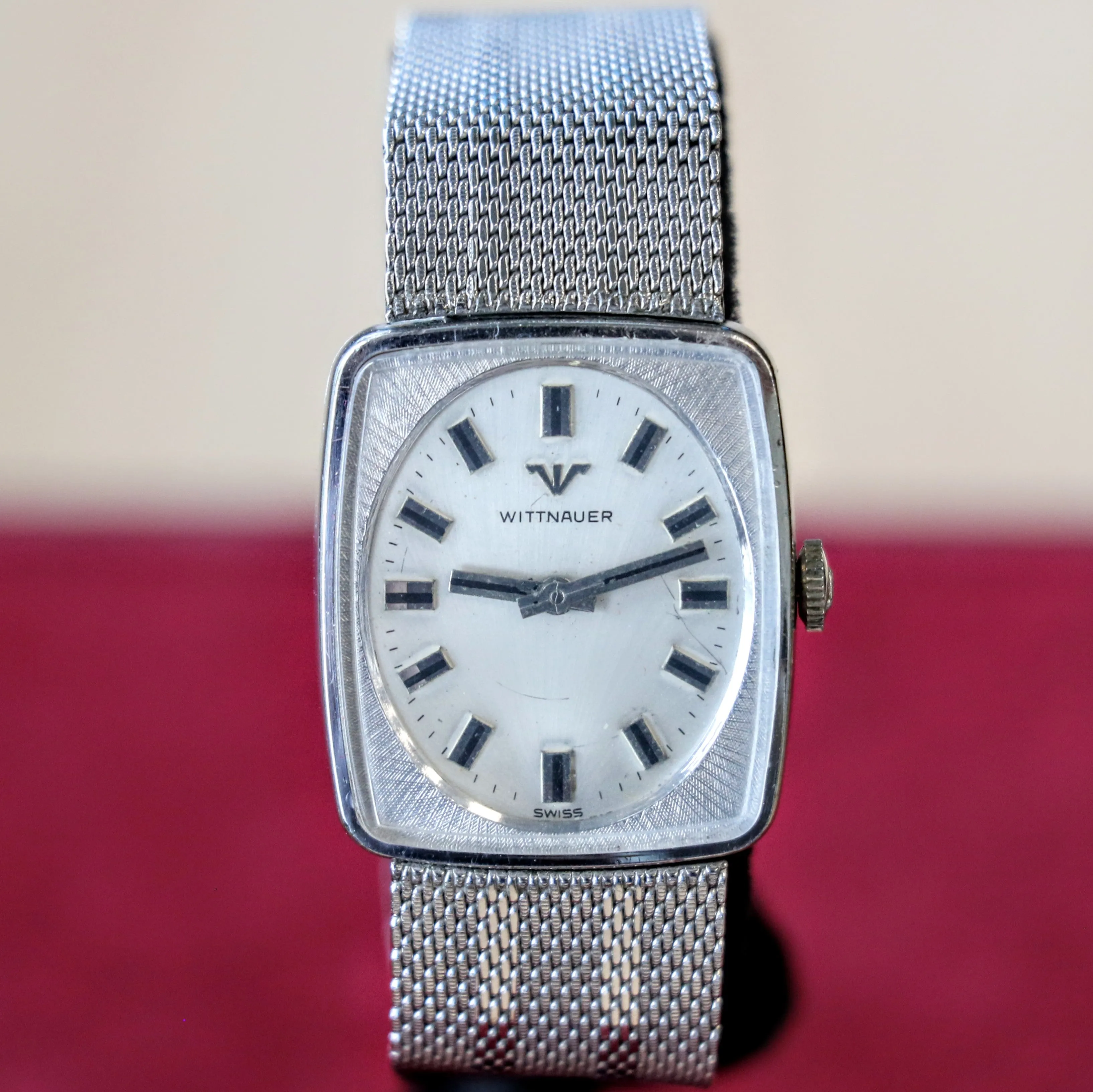 Vintage WITTNAUER Watch Cushion Case & Original Mesh Bracelet Swiss Made Wristwatch