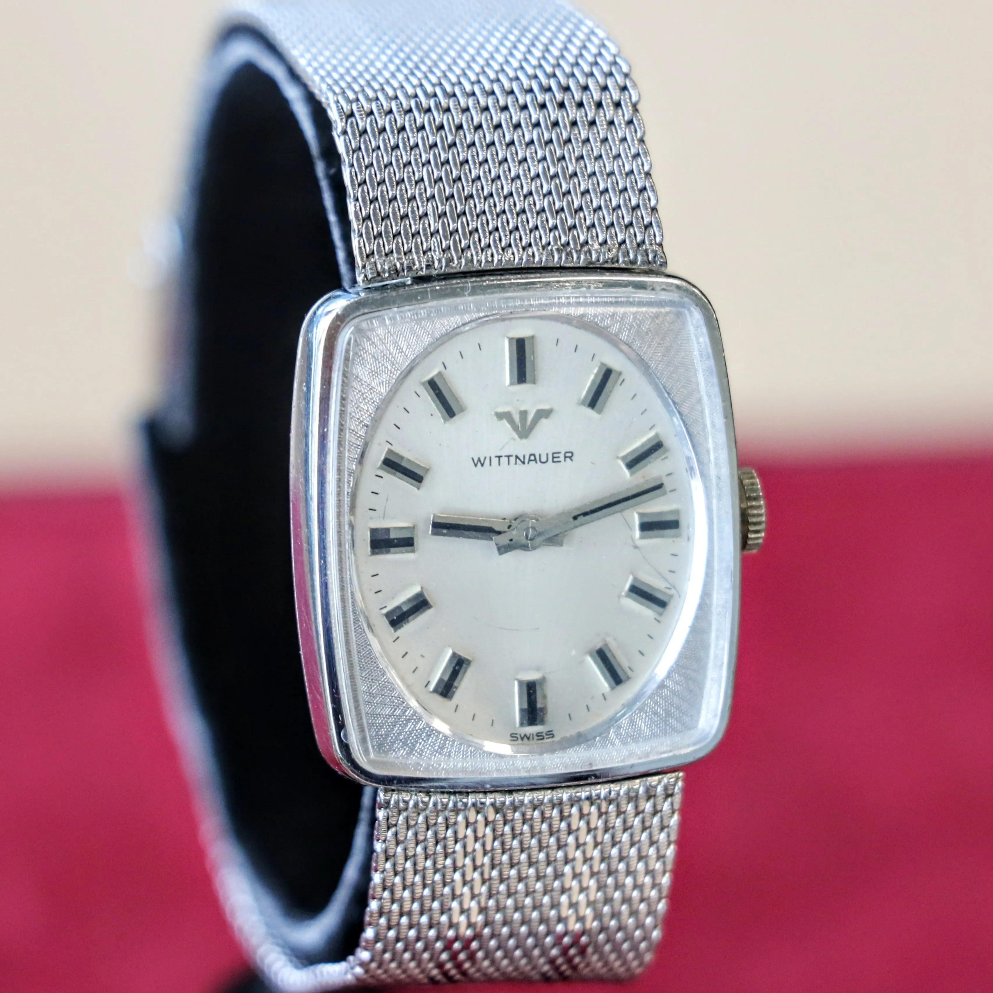 Vintage WITTNAUER Watch Cushion Case & Original Mesh Bracelet Swiss Made Wristwatch