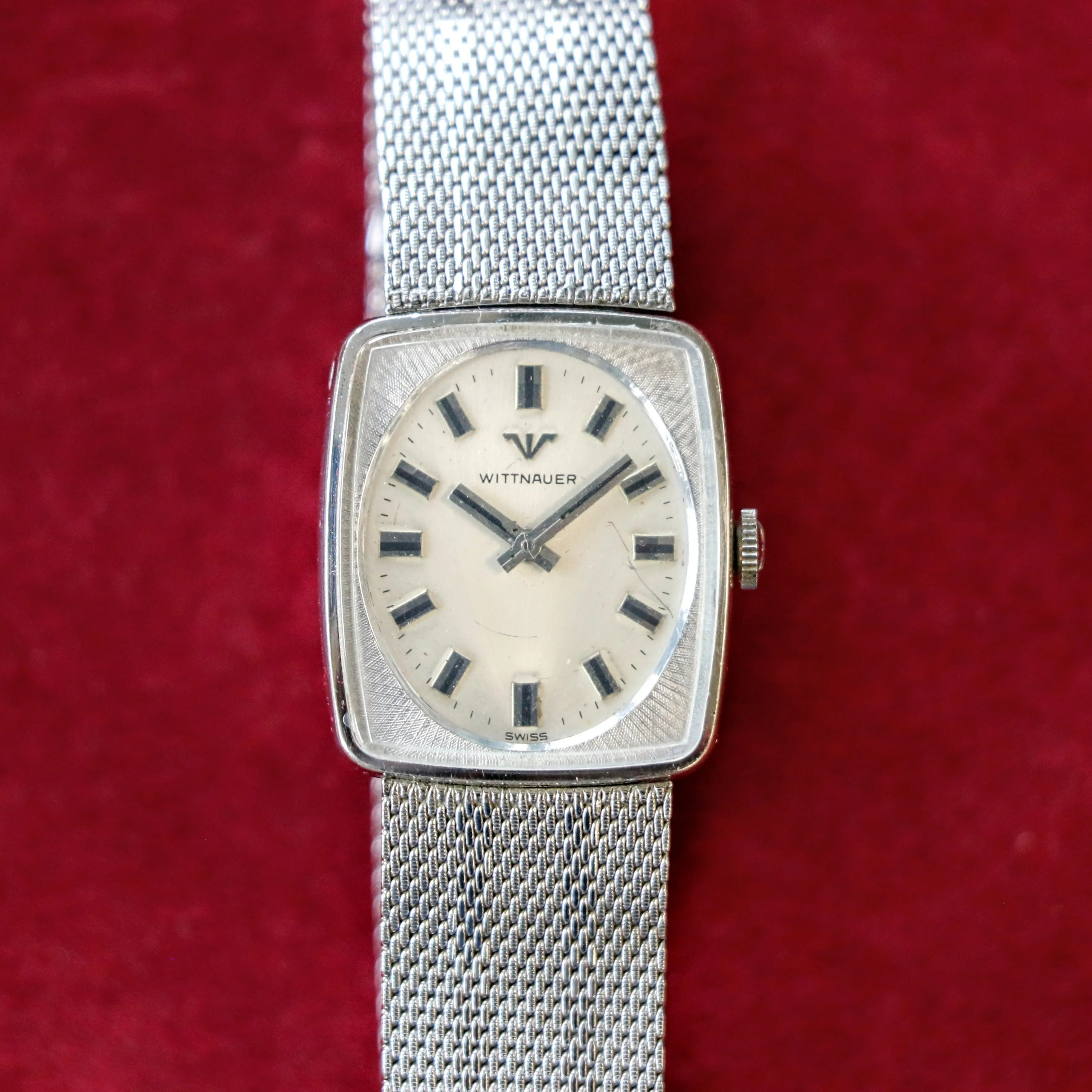 Vintage WITTNAUER Watch Cushion Case & Original Mesh Bracelet Swiss Made Wristwatch