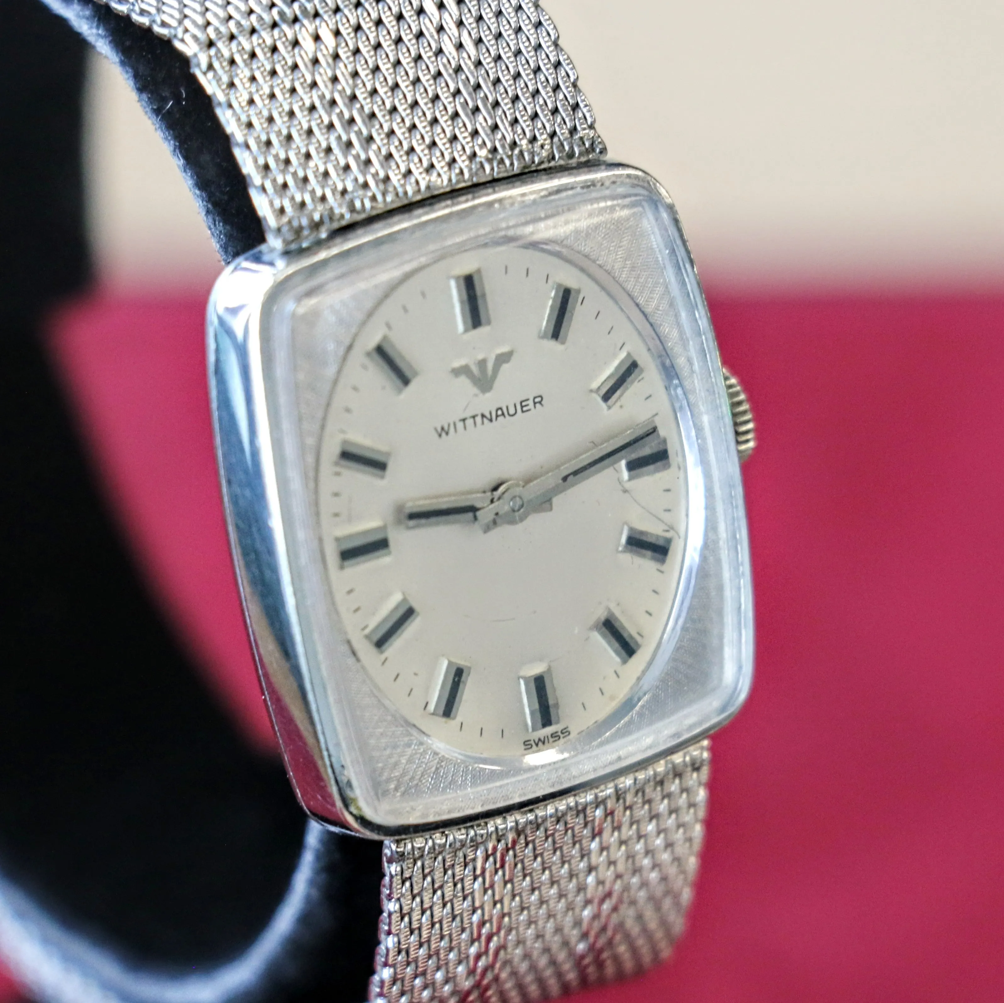 Vintage WITTNAUER Watch Cushion Case & Original Mesh Bracelet Swiss Made Wristwatch