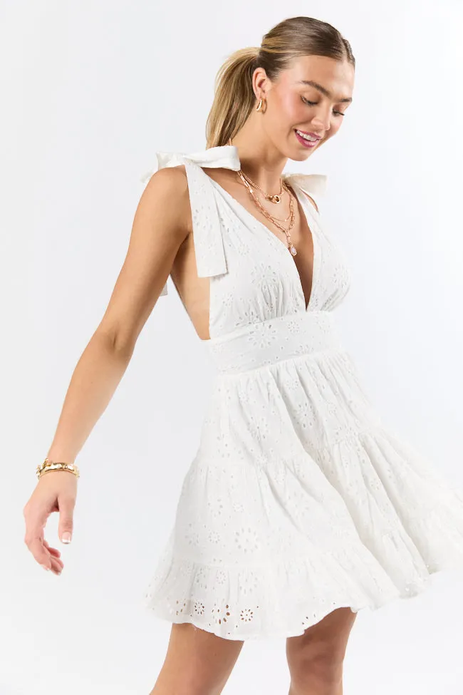 Wear With Love White Tie Shoulder Eyelet Dress