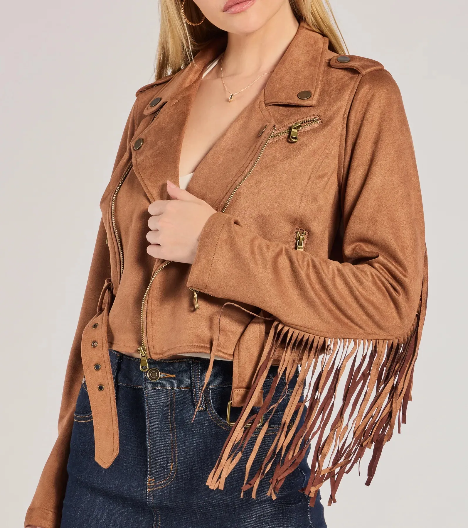 Western Chic Flair Faux Suede Fringe Moto Jacket