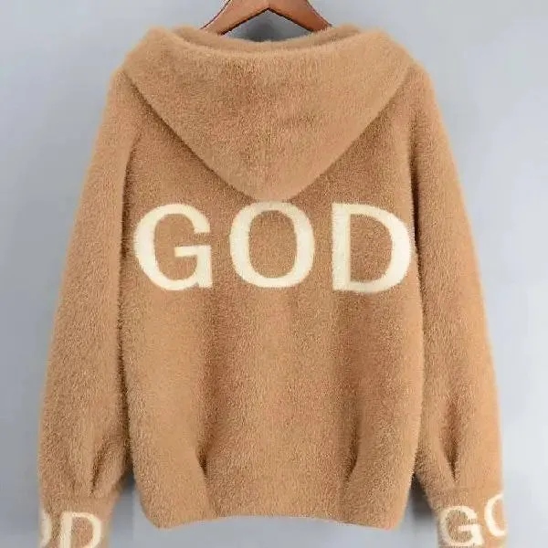 Winter gold letter imitation mink fur sweater cardigan jacket winter clothes women short thick and loose hooded jacket coat