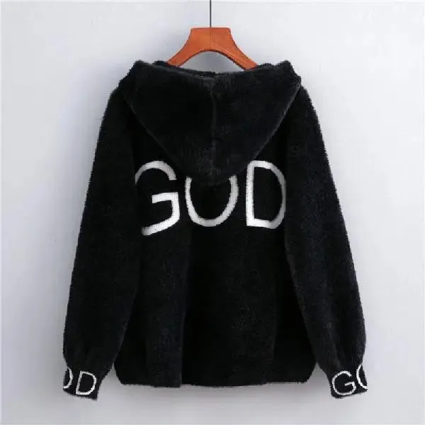 Winter gold letter imitation mink fur sweater cardigan jacket winter clothes women short thick and loose hooded jacket coat