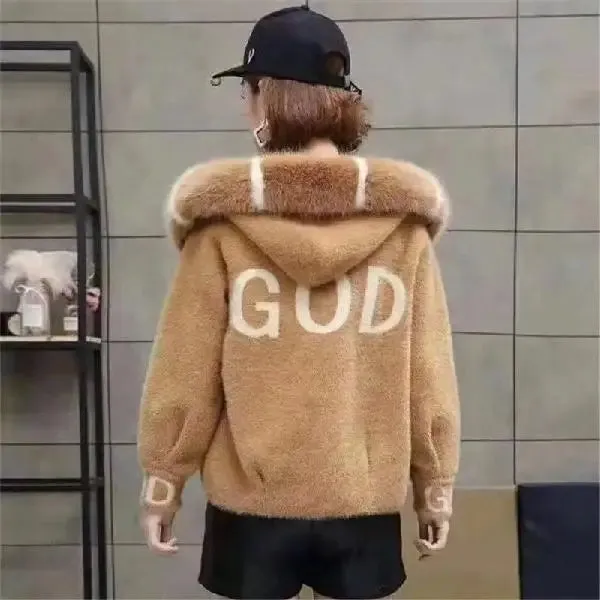 Winter gold letter imitation mink fur sweater cardigan jacket winter clothes women short thick and loose hooded jacket coat