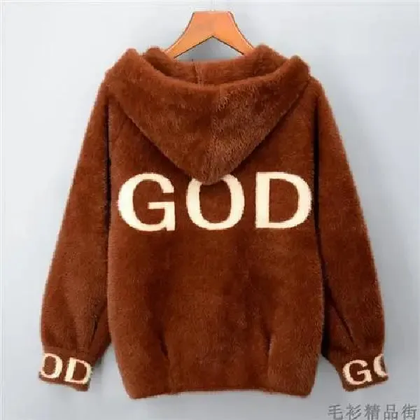 Winter gold letter imitation mink fur sweater cardigan jacket winter clothes women short thick and loose hooded jacket coat