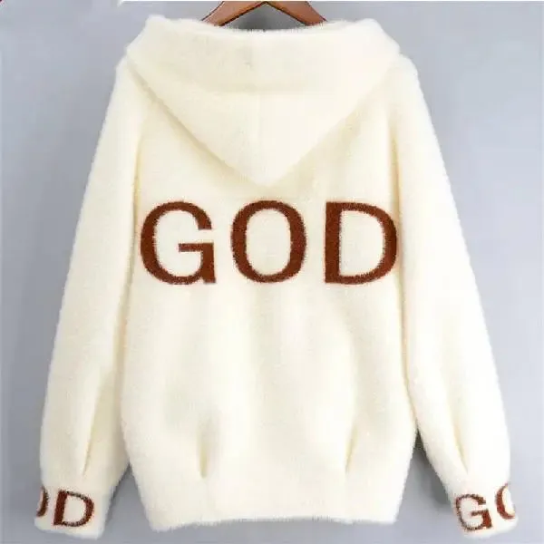 Winter gold letter imitation mink fur sweater cardigan jacket winter clothes women short thick and loose hooded jacket coat