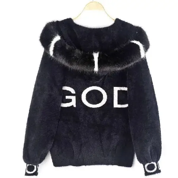 Winter gold letter imitation mink fur sweater cardigan jacket winter clothes women short thick and loose hooded jacket coat