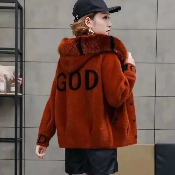 Winter gold letter imitation mink fur sweater cardigan jacket winter clothes women short thick and loose hooded jacket coat