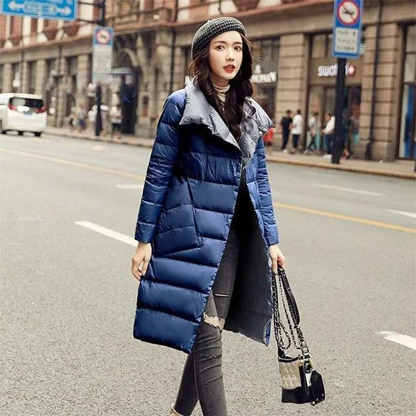 Winter Plus Cotton Lightweight Double-sided Down Jacket Women Mid-length Reversible Two Ways To Wear Duck Down Over The Knee Thin Parka Coat