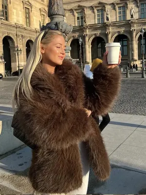 Winter Warm Fluffy Faux Fur Coat Women Vintage Casual Solid Open Fur Coats Female Elegant Chic Loose Street Brown Outwear