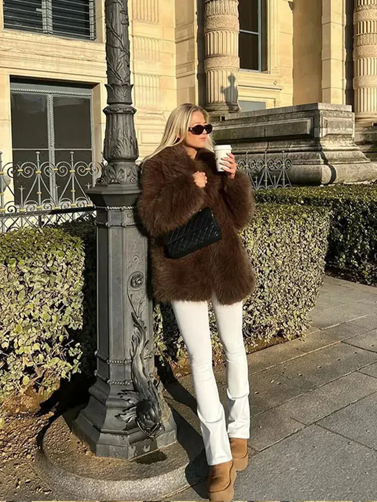 Winter Warm Fluffy Faux Fur Coat Women Vintage Casual Solid Open Fur Coats Female Elegant Chic Loose Street Brown Outwear