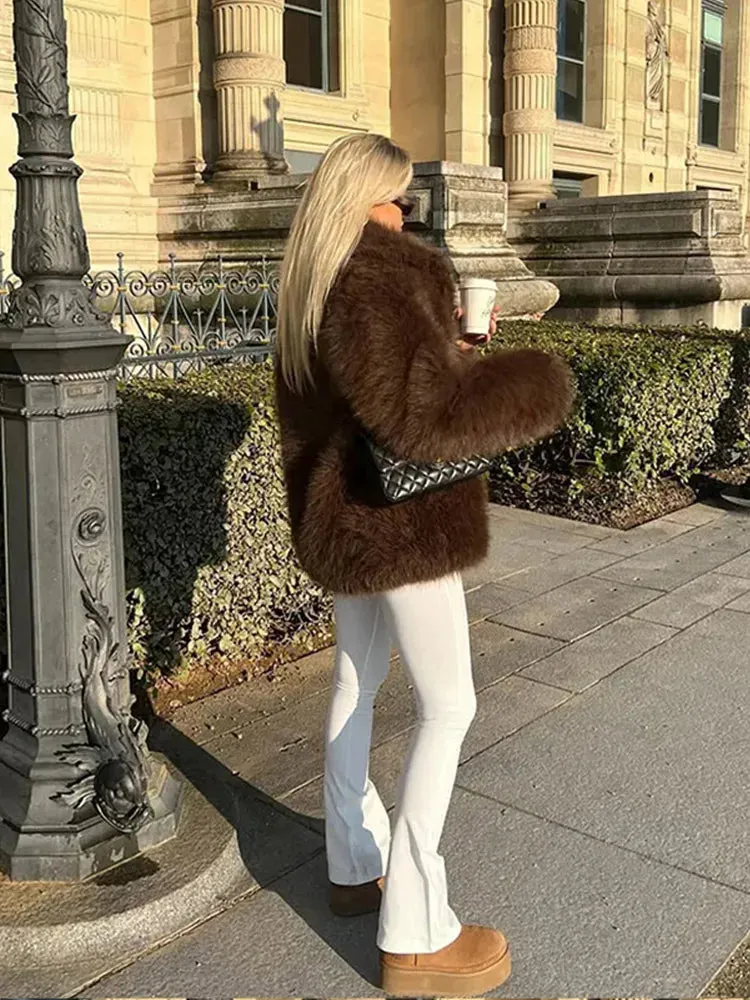 Winter Warm Fluffy Faux Fur Coat Women Vintage Casual Solid Open Fur Coats Female Elegant Chic Loose Street Brown Outwear