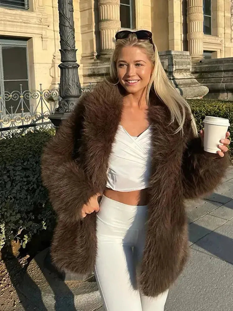 Winter Warm Fluffy Faux Fur Coat Women Vintage Casual Solid Open Fur Coats Female Elegant Chic Loose Street Brown Outwear