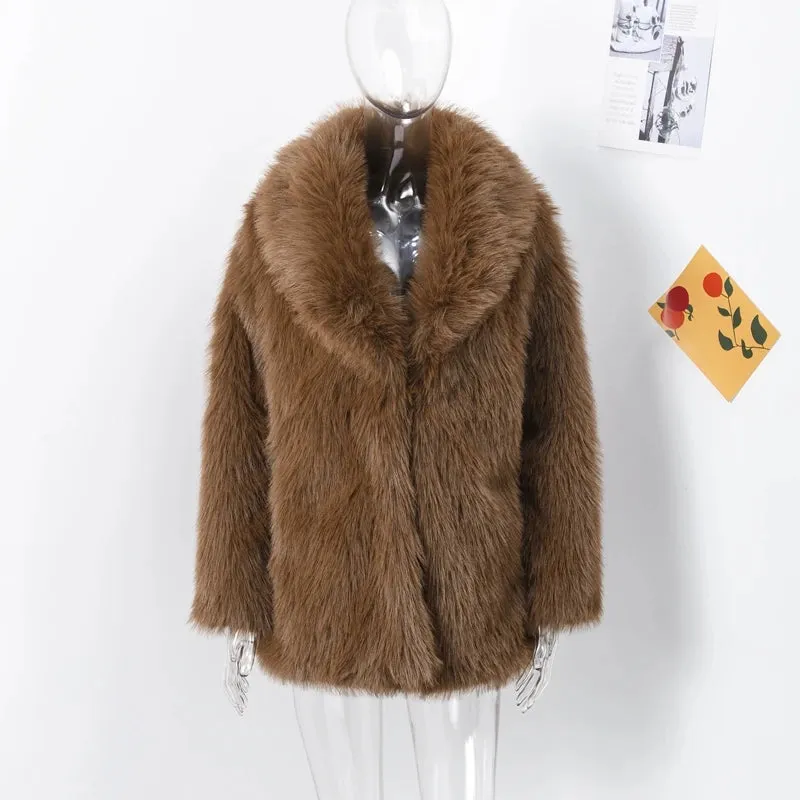 Winter Warm Fluffy Faux Fur Coat Women Vintage Casual Solid Open Fur Coats Female Elegant Chic Loose Street Brown Outwear