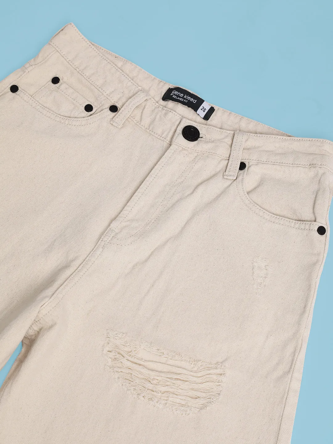 Women Ecru Medium Distress Relax-Fit Jeans