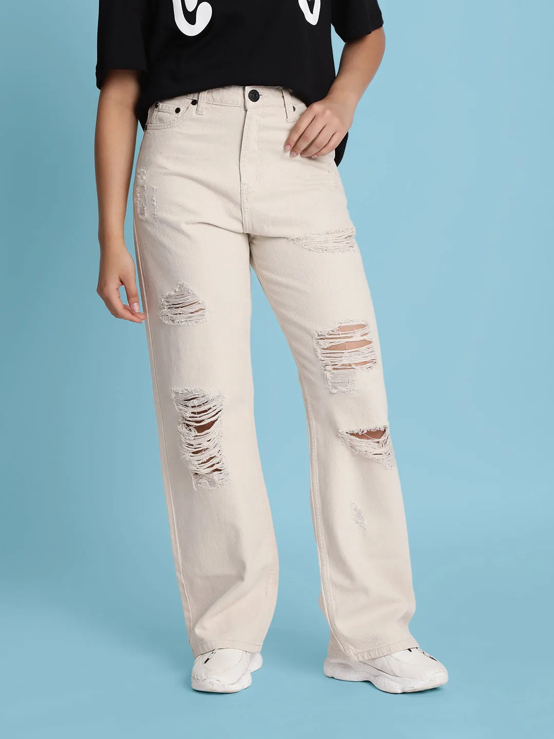 Women Ecru Medium Distress Relax-Fit Jeans