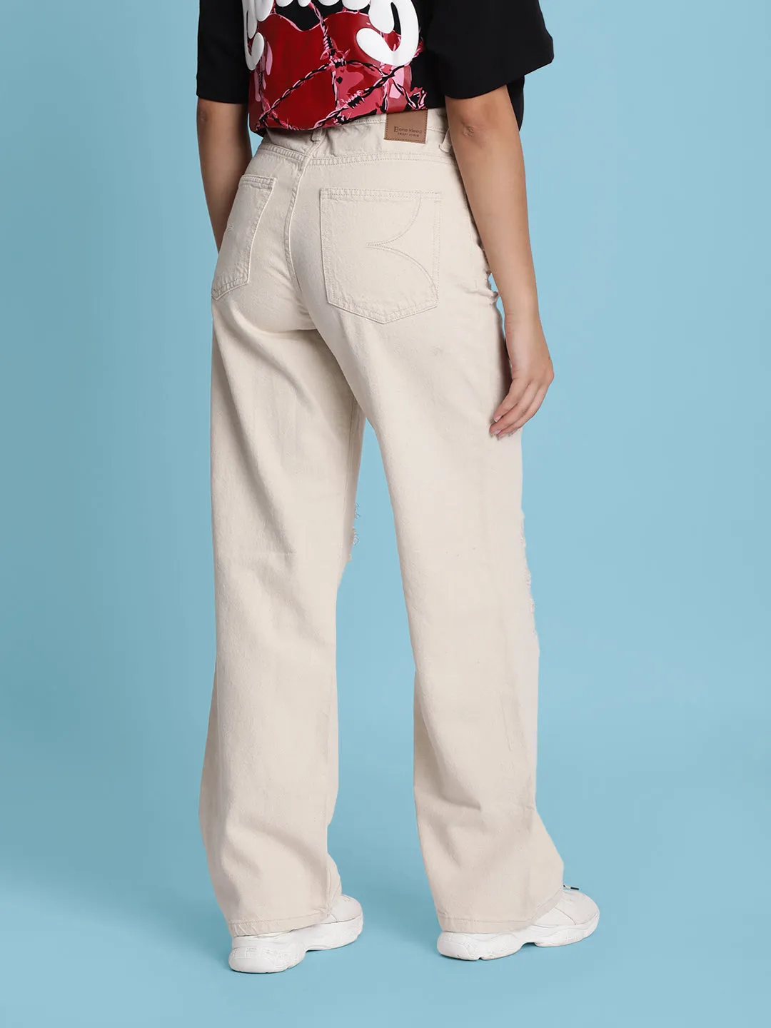Women Ecru Medium Distress Relax-Fit Jeans