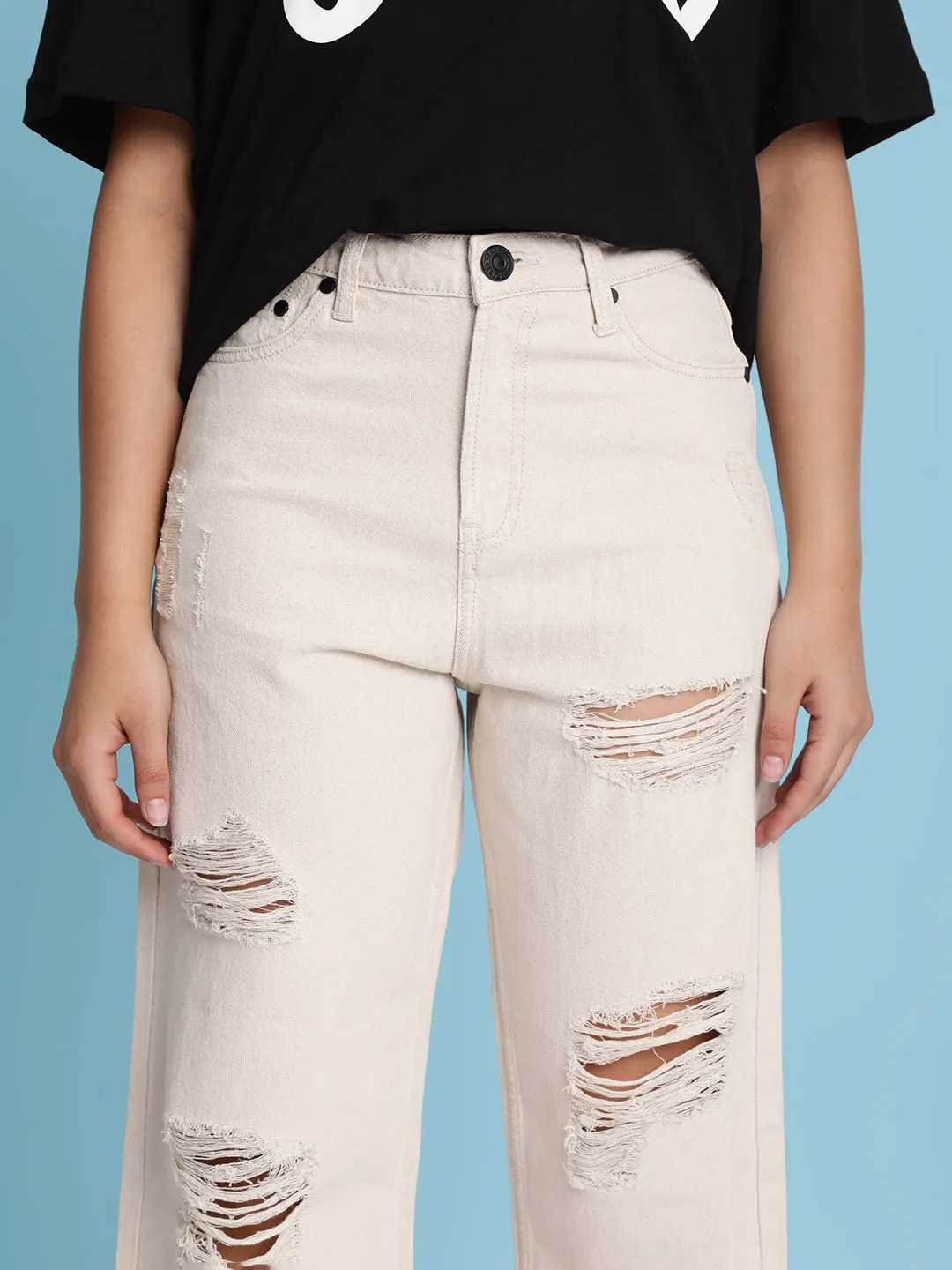 Women Ecru Medium Distress Relax-Fit Jeans
