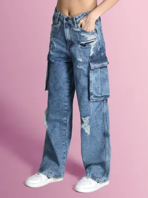 Women Faded Blue Relaxed-Fit Distressed Cargo Jeans