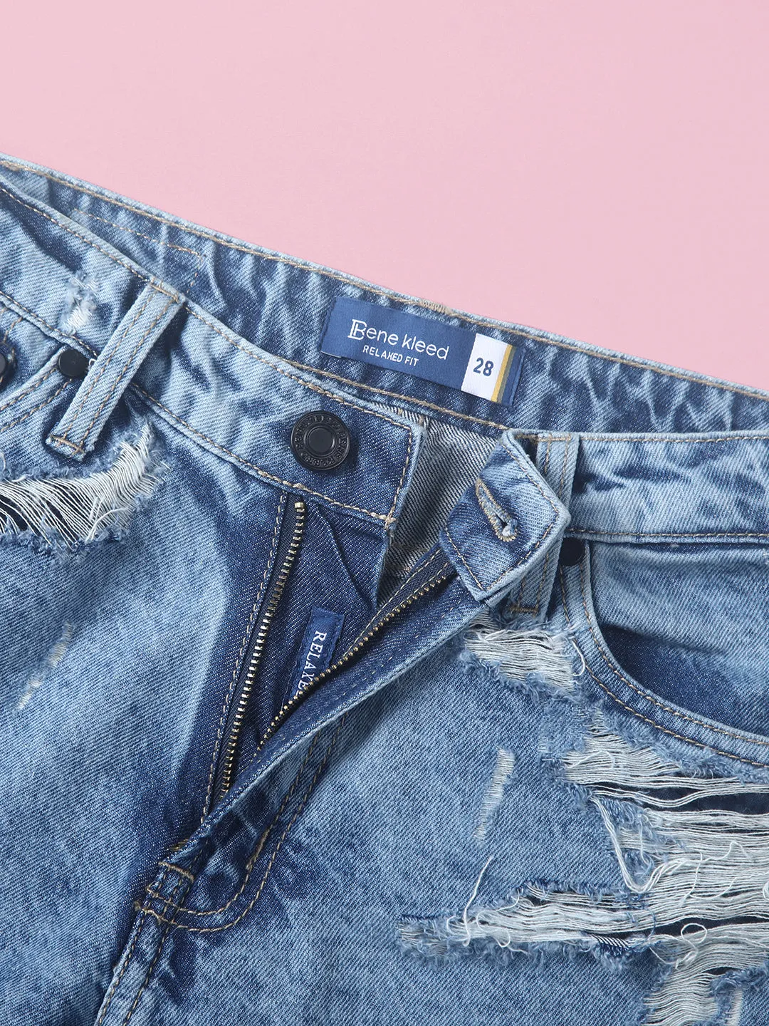 Women Faded Blue Relaxed-Fit Distressed Cargo Jeans