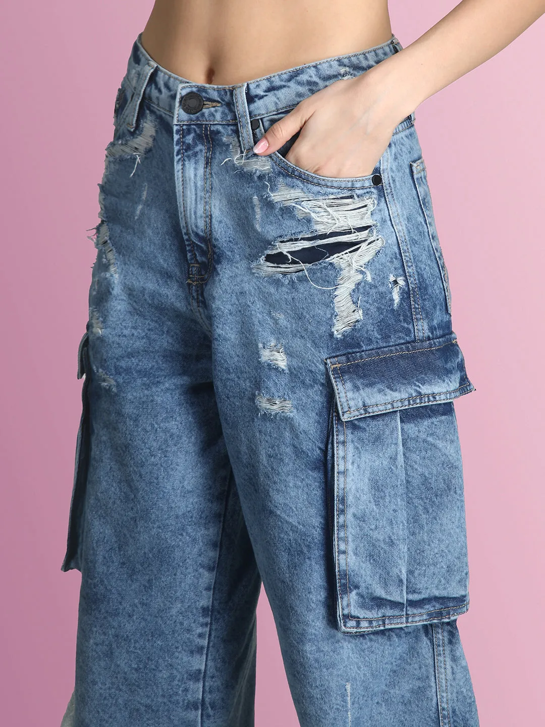 Women Faded Blue Relaxed-Fit Distressed Cargo Jeans