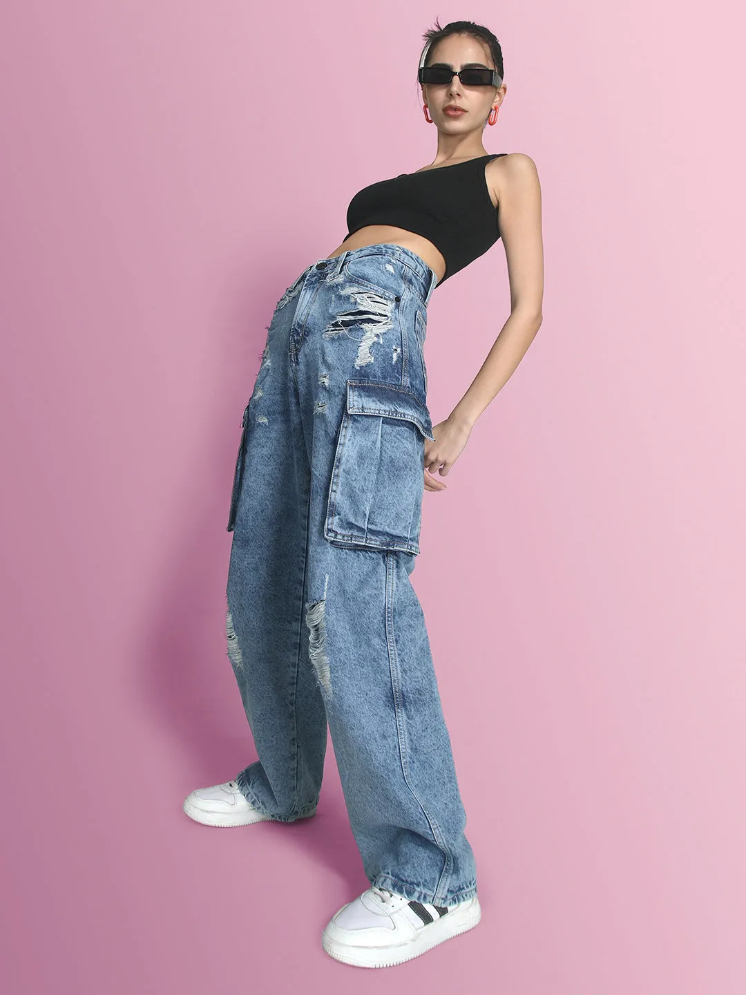 Women Faded Blue Relaxed-Fit Distressed Cargo Jeans