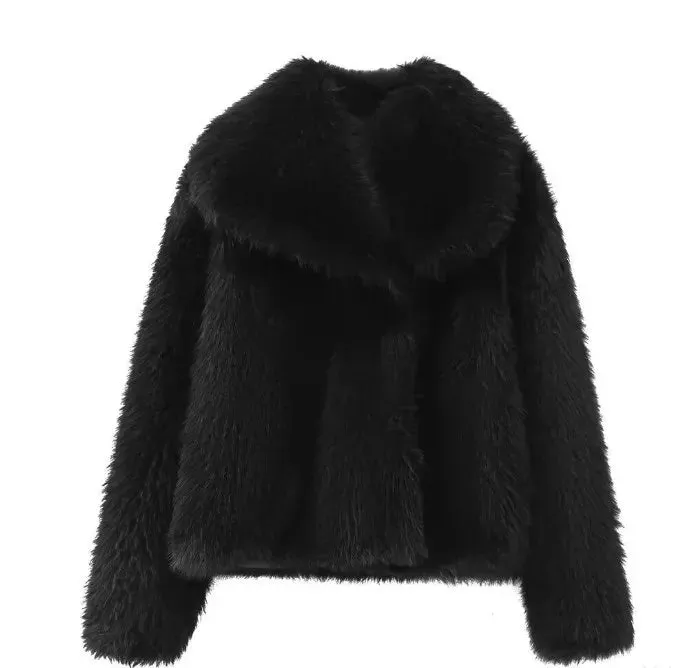 Women Fashion Faux Fur Solid Lapel Short Jackets Chic Long Sleeve Crop Oversized Warm Coat 2024 New Winter Lady Warm Outerwear