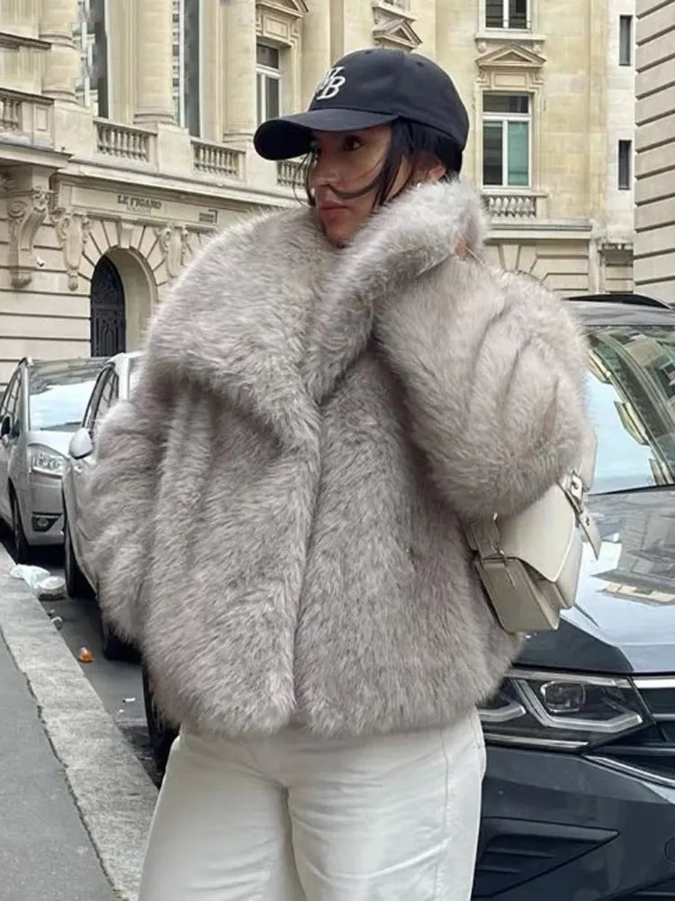 Women Fashion Faux Fur Solid Lapel Short Jackets Chic Long Sleeve Crop Oversized Warm Coat 2024 New Winter Lady Warm Outerwear