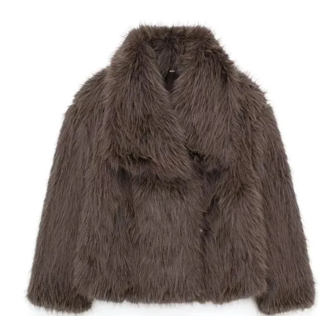 Women Fashion Faux Fur Solid Lapel Short Jackets Chic Long Sleeve Crop Oversized Warm Coat 2024 New Winter Lady Warm Outerwear