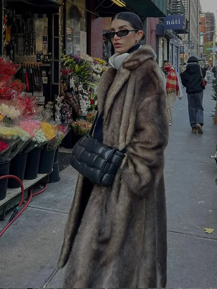 Women Retro Luxury Faux Fur Coat Fashion Lapel Single Breasted Long Sleeve Pockets Jacket Winter Plush Warm High Street Outwear