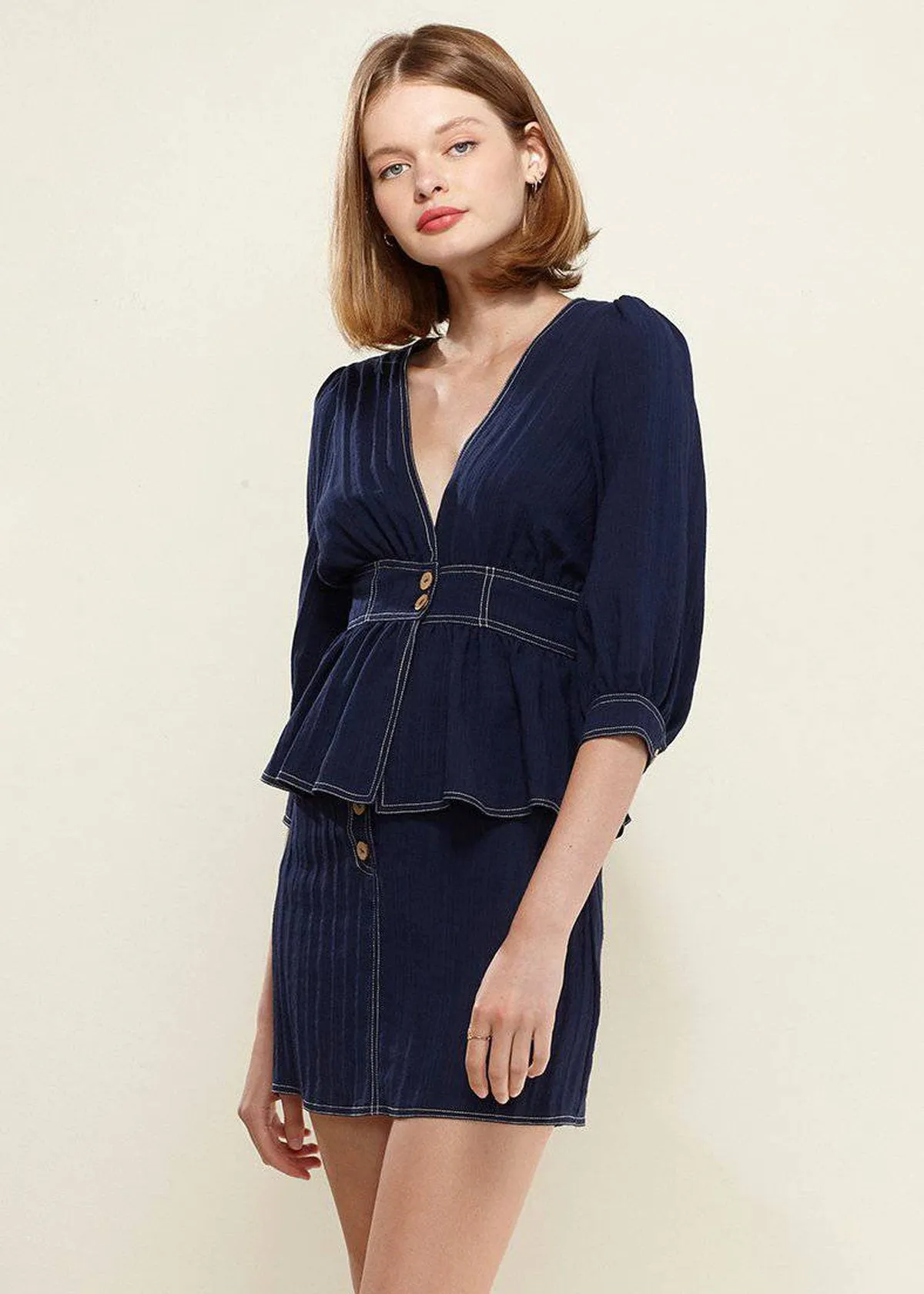 Women's Bishop Shoulder Button Front Peplum Top in Navy