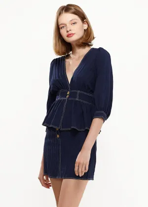 Women's Bishop Shoulder Button Front Peplum Top in Navy