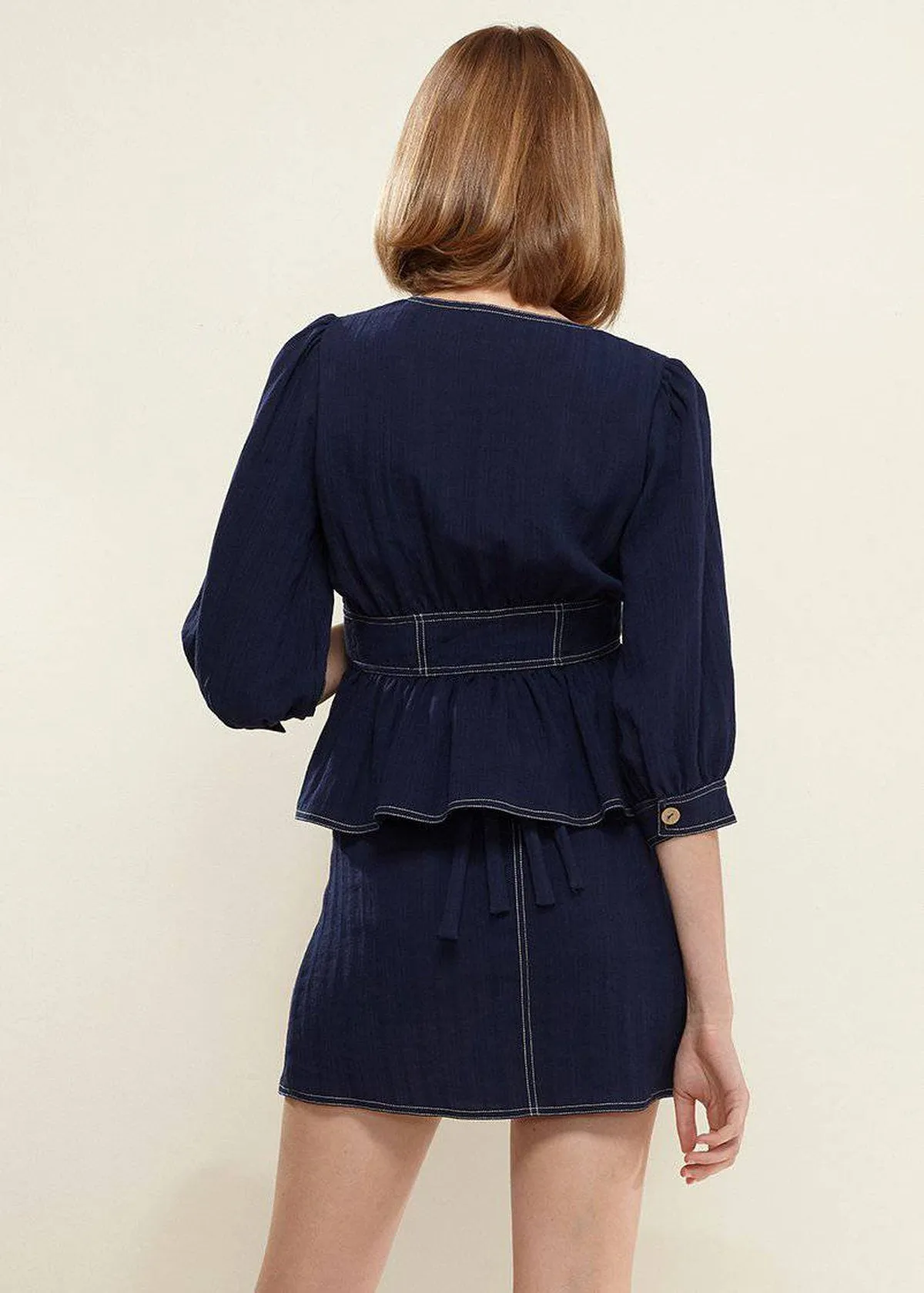 Women's Bishop Shoulder Button Front Peplum Top in Navy