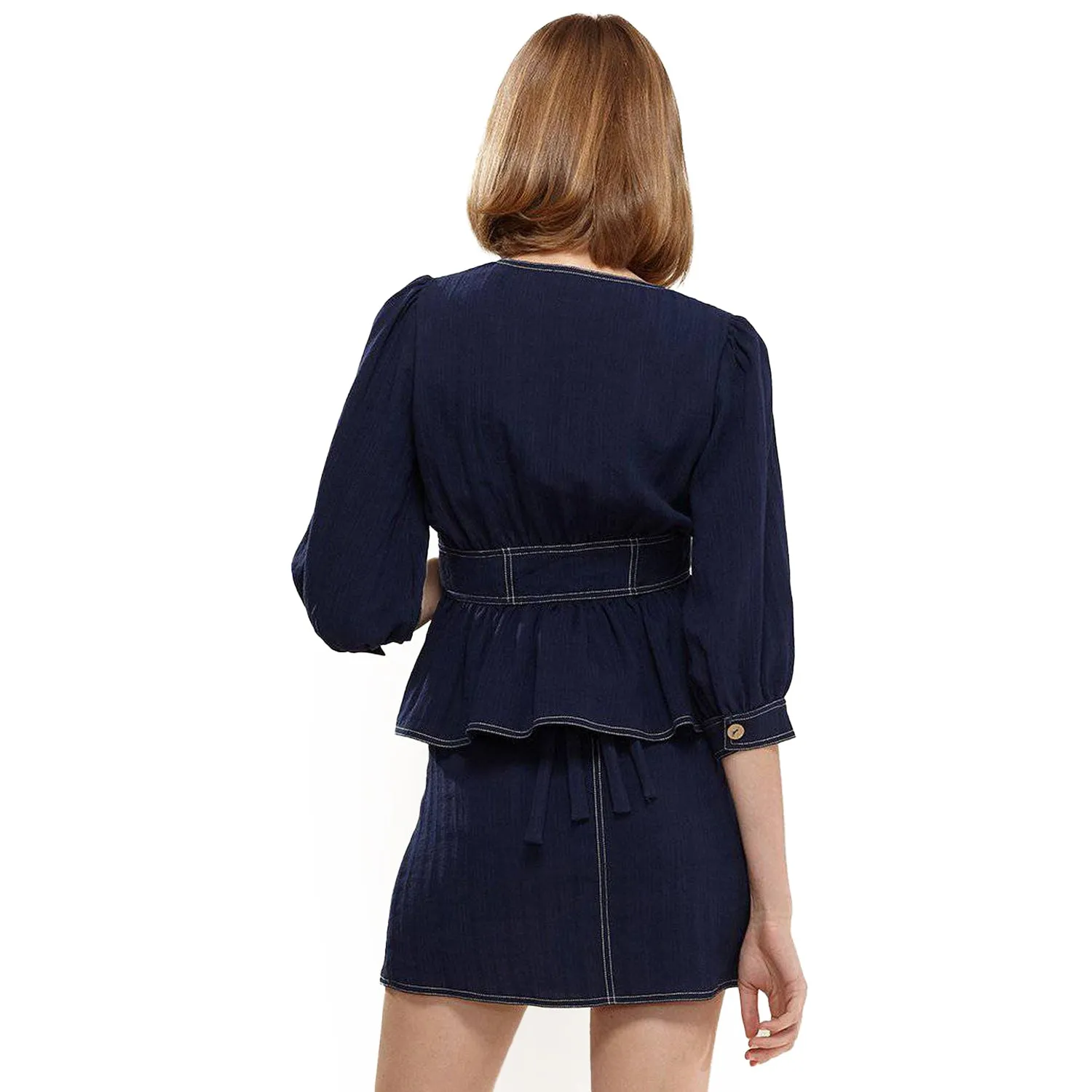 Women's Bishop Shoulder Button Front Peplum Top in Navy