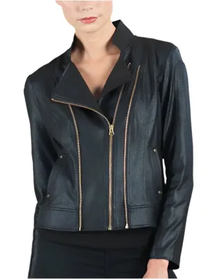 Women's Black Liquid Leather Knit Jacket with Double Zip Details