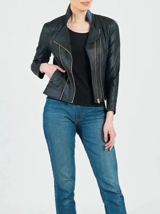 Women's Black Liquid Leather Knit Jacket with Double Zip Details