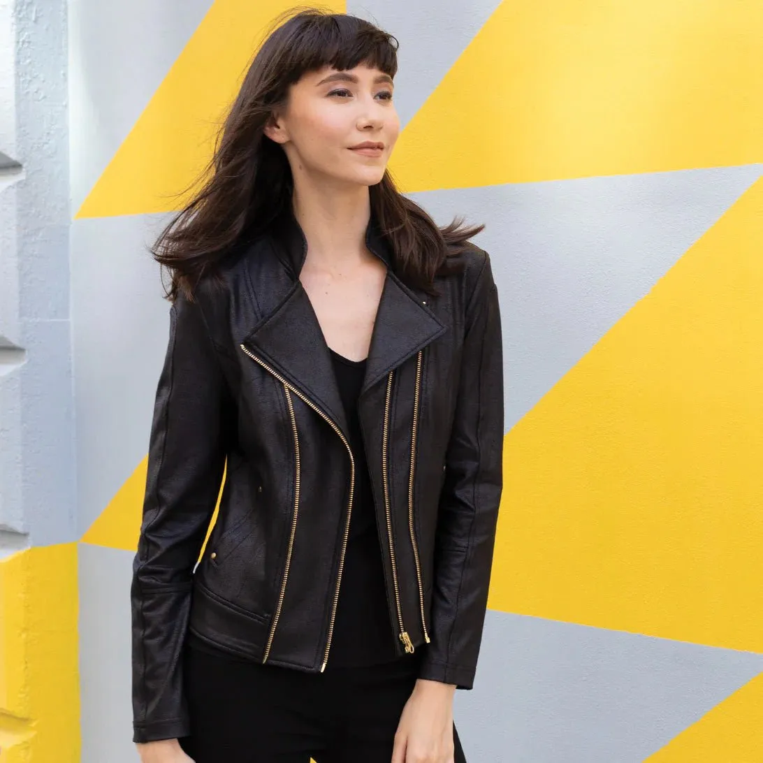 Women's Black Liquid Leather Knit Jacket with Double Zip Details